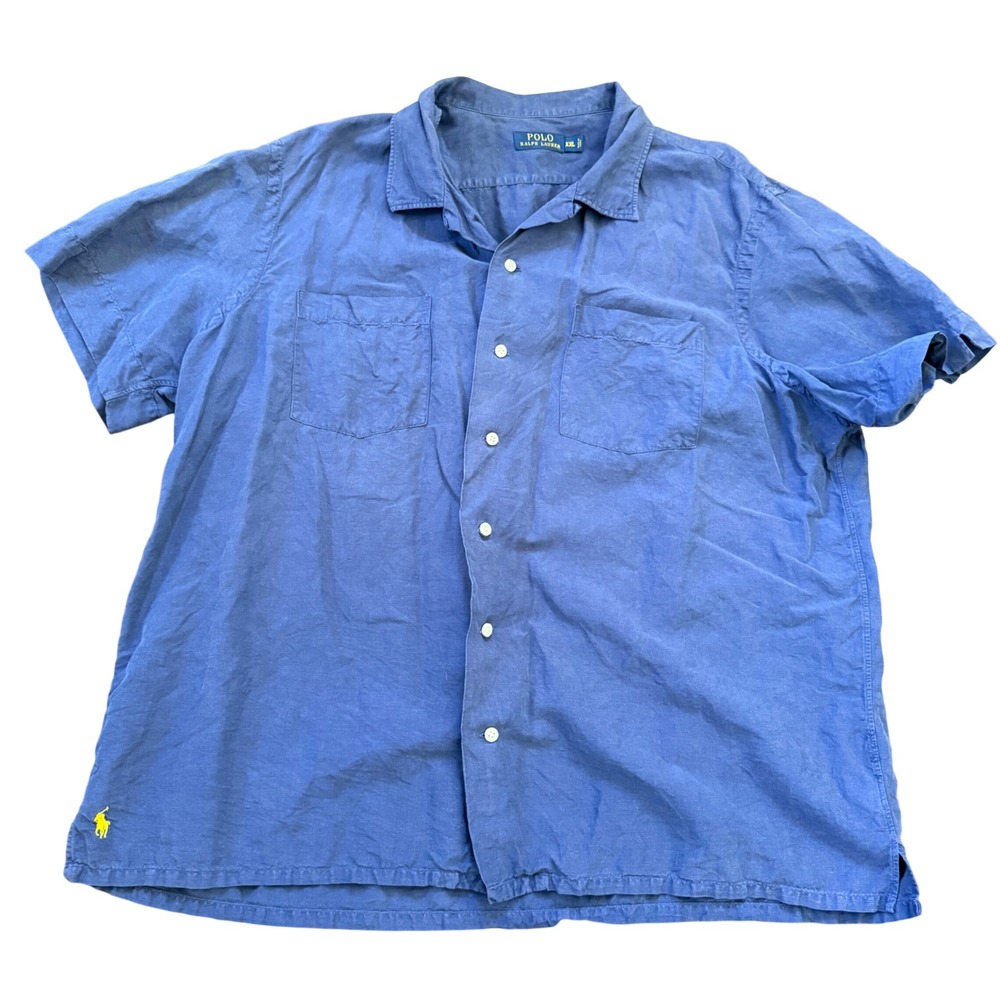 Polo Ralph Lauren Linen Silk Shirt Mens XXL Blue Camp Casual Button Up Resort